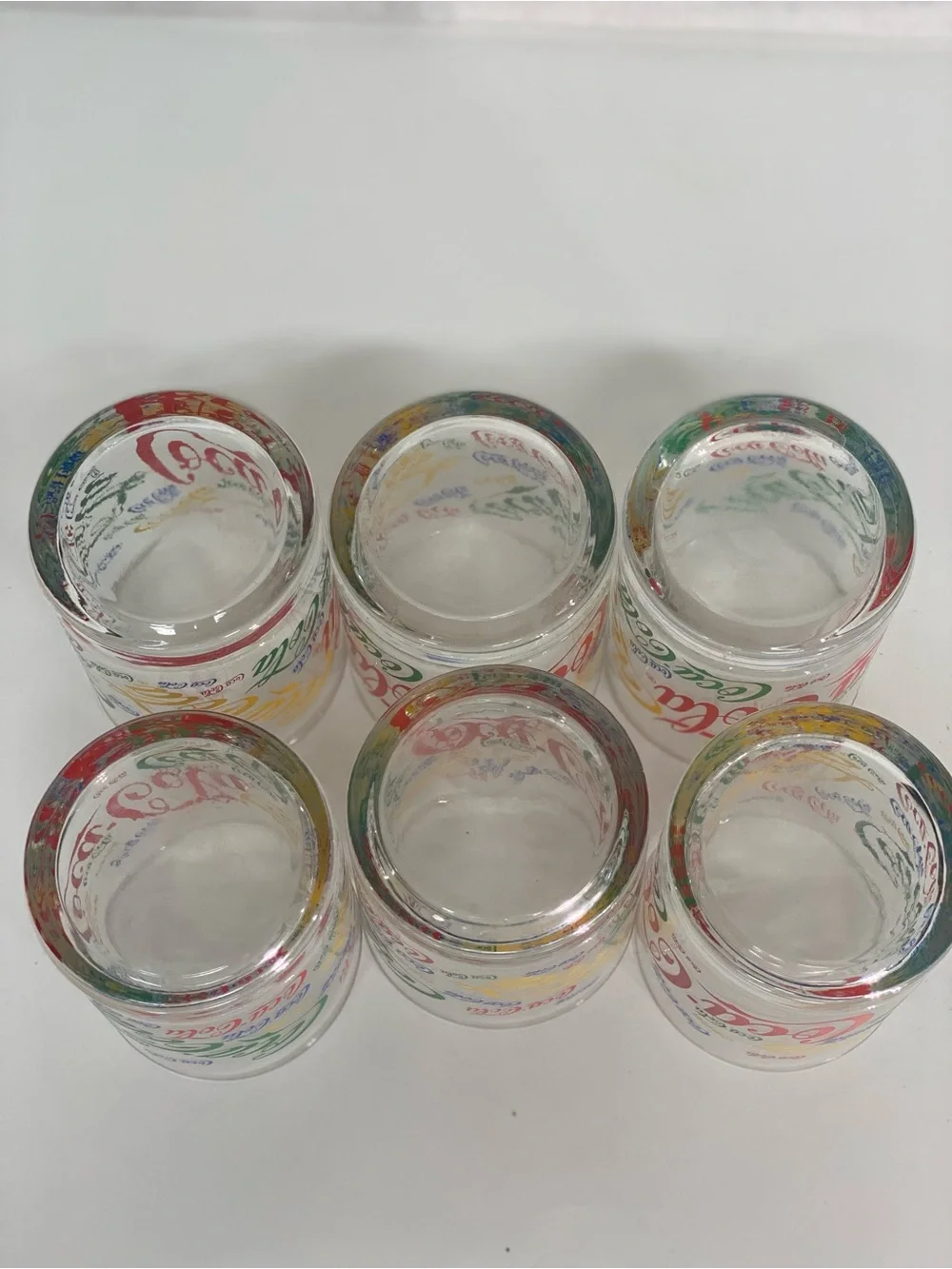 Coca Cola Set of 6 Multicolor Logo Glass 12 ounce Retro Repeated Logo Colorful